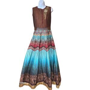EUC heavily printed silk Anarkali dress; brown and teal; measure in description